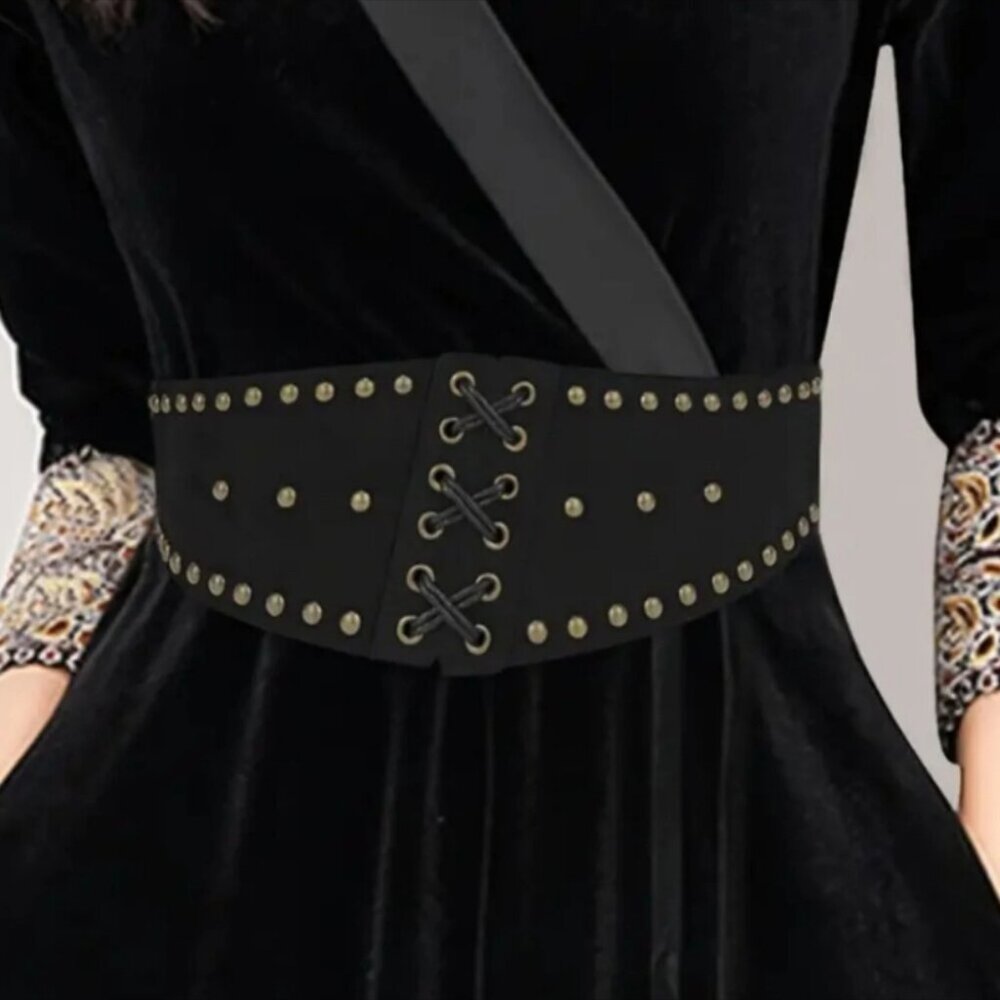 Women's Black Studded Lace Up Wide Vegan Faux Leather Belt